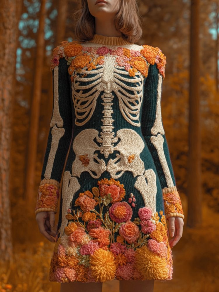 Halloween Skeleton & Floral Embroidery Women's Knit Sweater
