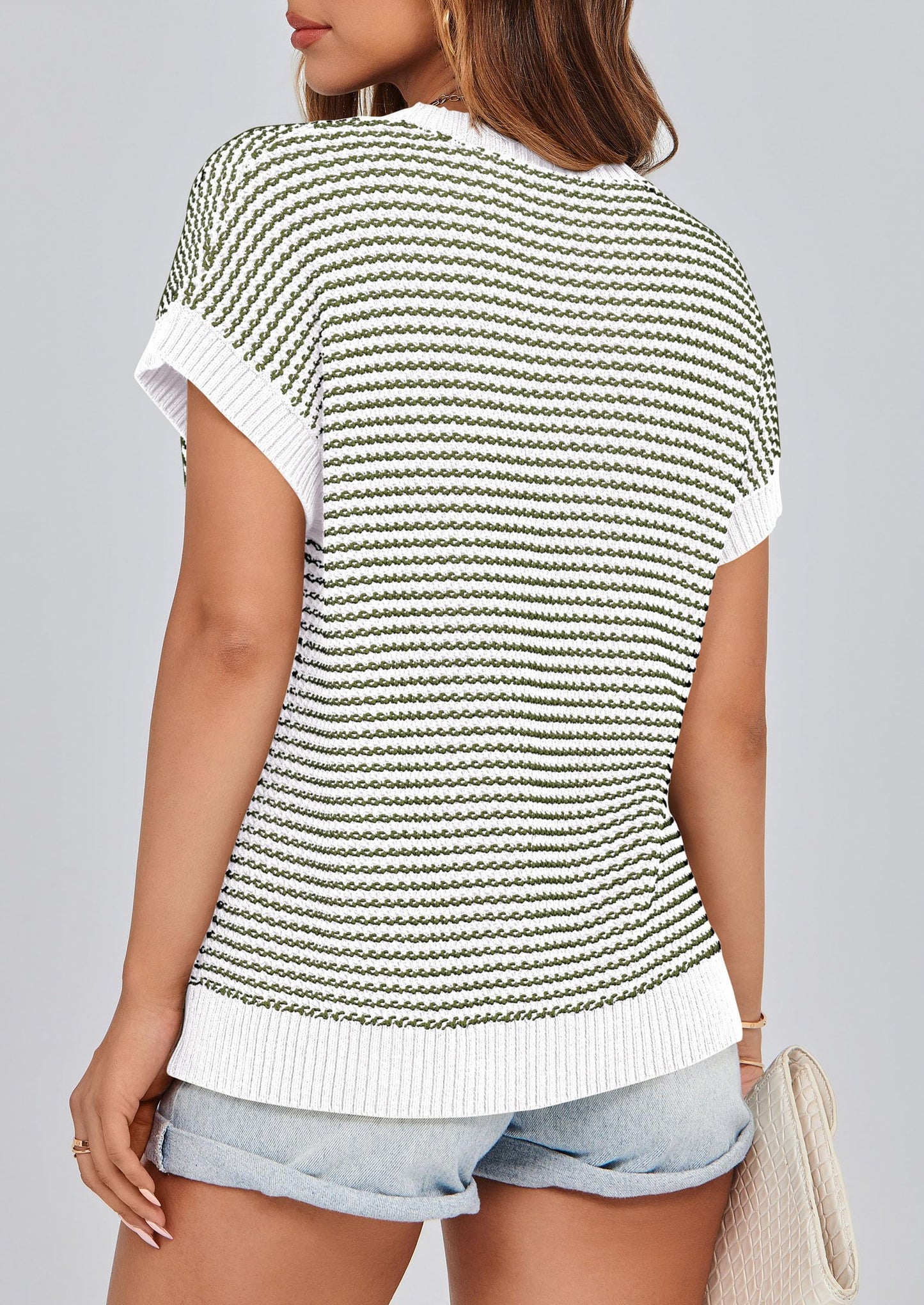 PRETTYGARDEN Womens Short Sleeve Sweater Spring Summer 2025 Round Neck Striped Pullover Cap Sleeve Knit Sweater Vest Tops