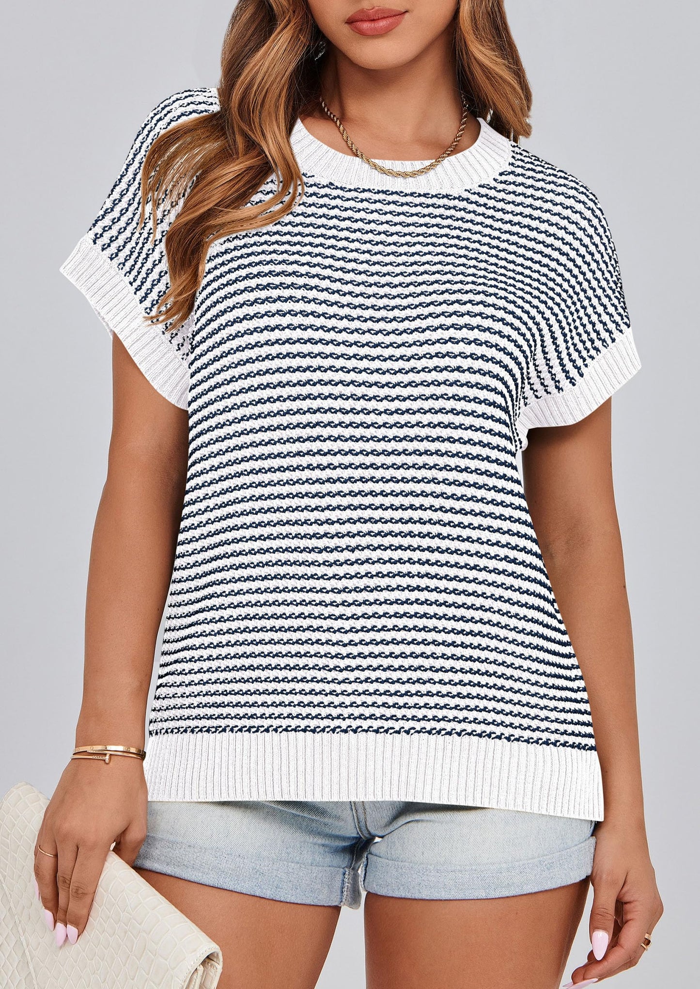 PRETTYGARDEN Womens Short Sleeve Sweater Spring Summer 2025 Round Neck Striped Pullover Cap Sleeve Knit Sweater Vest Tops