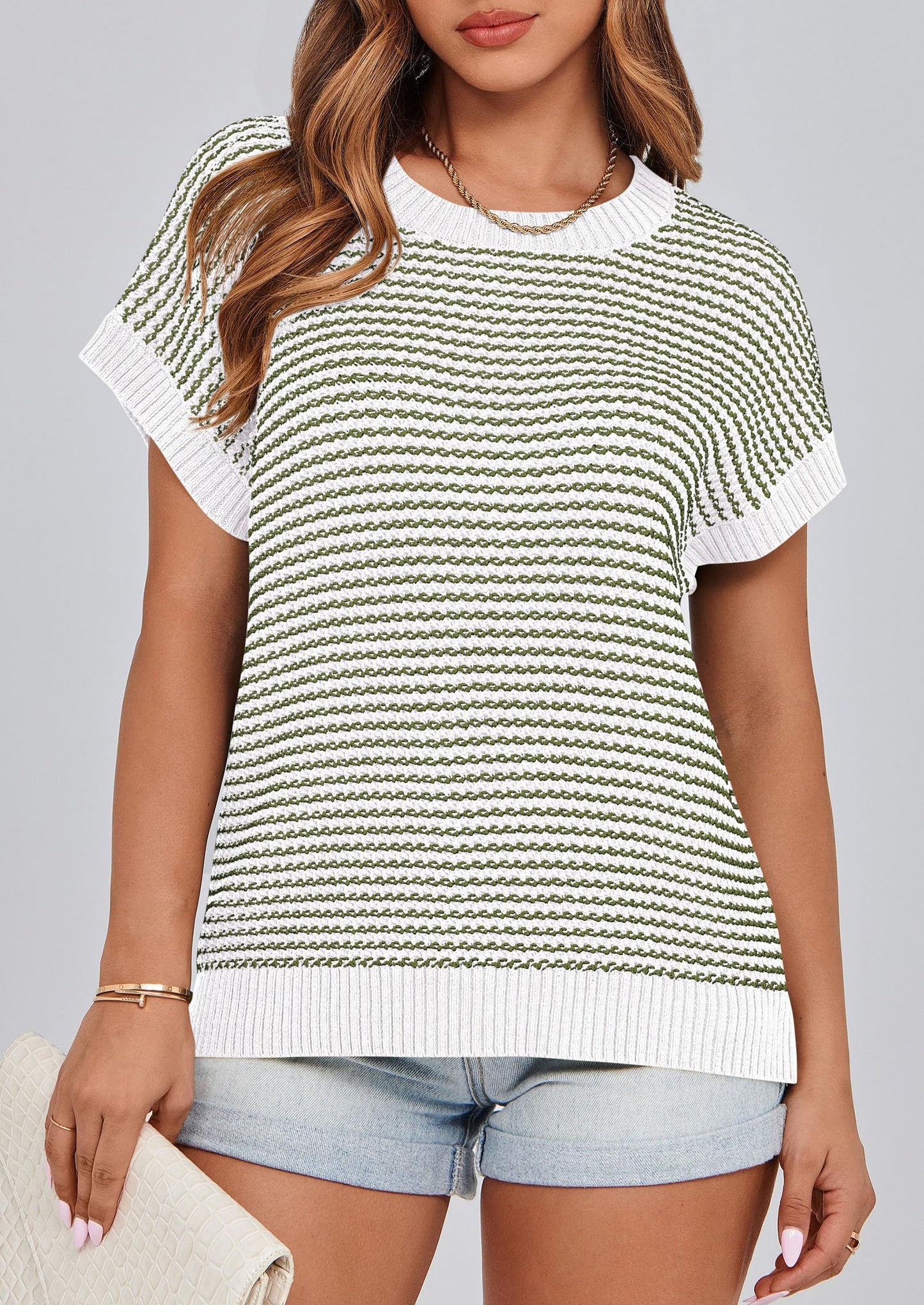 PRETTYGARDEN Womens Short Sleeve Sweater Spring Summer 2025 Round Neck Striped Pullover Cap Sleeve Knit Sweater Vest Tops