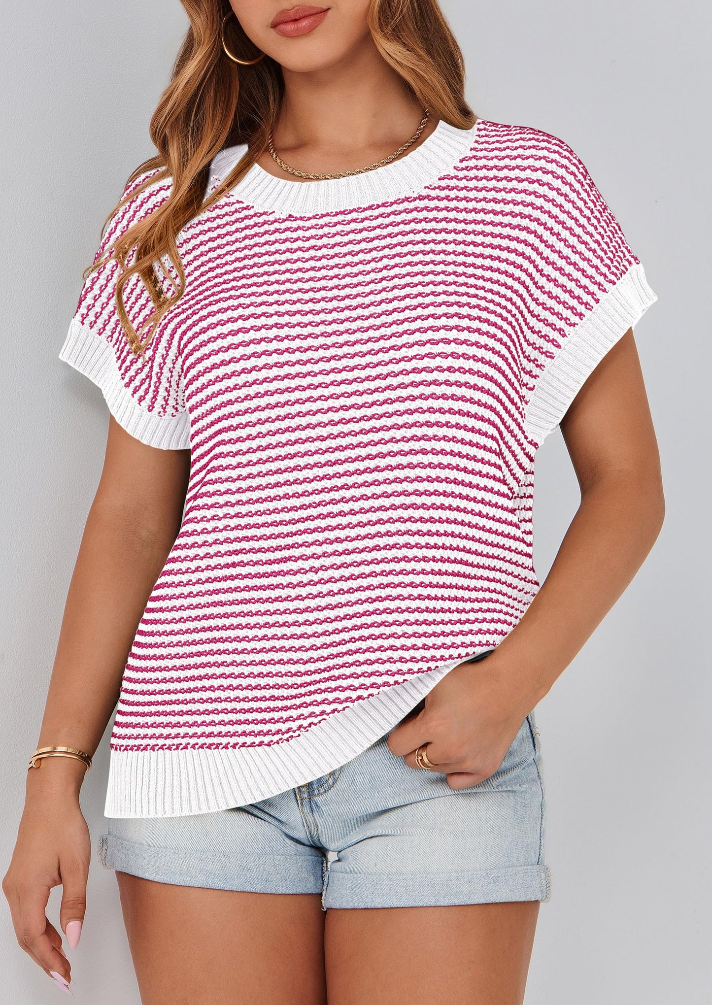 PRETTYGARDEN Womens Short Sleeve Sweater Spring Summer 2025 Round Neck Striped Pullover Cap Sleeve Knit Sweater Vest Tops