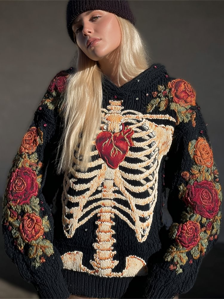 Halloween Skeleton & Floral Embroidery Women's Knit Sweater