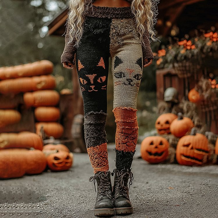 Vintage Patchwork Halloween Pumpkin Face Art Cozy Leggings