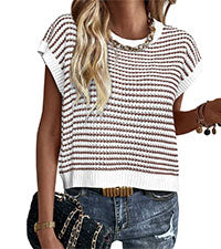 PRETTYGARDEN Womens Short Sleeve Sweater Spring Summer 2025 Round Neck Striped Pullover Cap Sleeve Knit Sweater Vest Tops