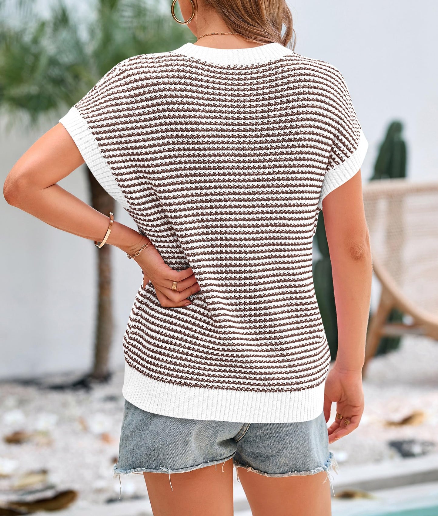 PRETTYGARDEN Womens Short Sleeve Sweater Spring Summer 2025 Round Neck Striped Pullover Cap Sleeve Knit Sweater Vest Tops