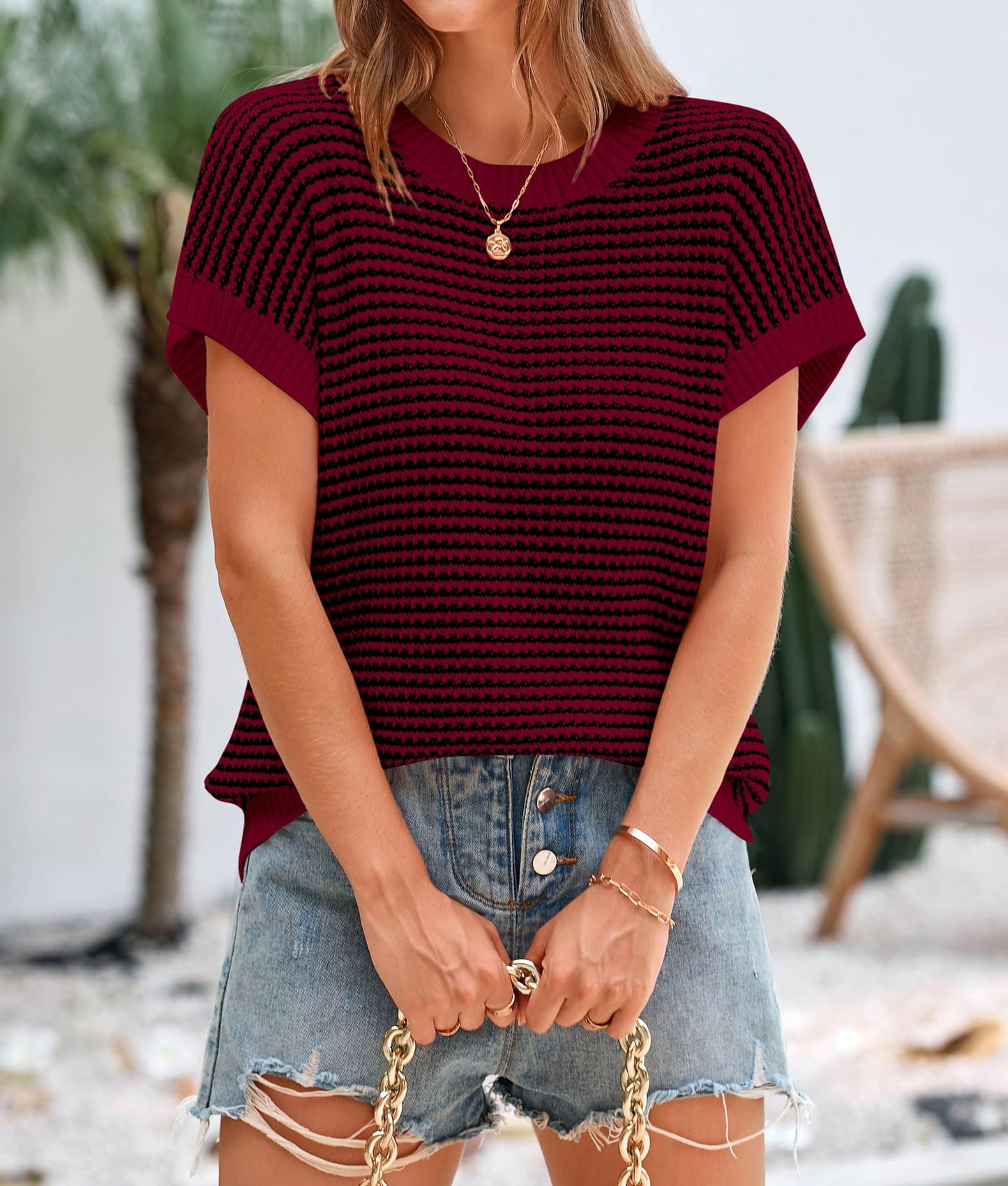 PRETTYGARDEN Womens Short Sleeve Sweater Spring Summer 2025 Round Neck Striped Pullover Cap Sleeve Knit Sweater Vest Tops