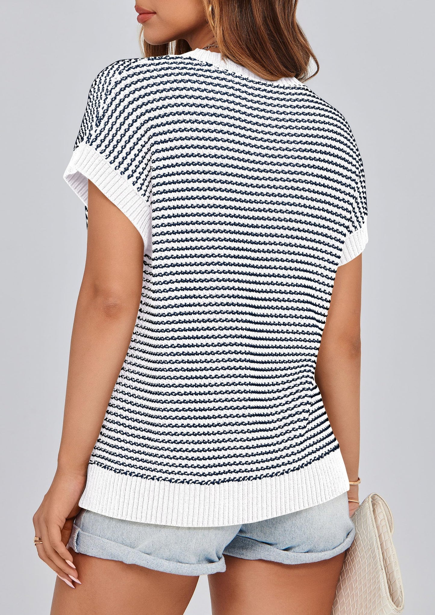 PRETTYGARDEN Womens Short Sleeve Sweater Spring Summer 2025 Round Neck Striped Pullover Cap Sleeve Knit Sweater Vest Tops