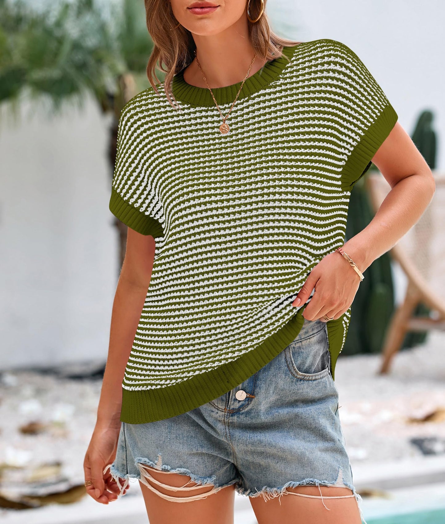 PRETTYGARDEN Womens Short Sleeve Sweater Spring Summer 2025 Round Neck Striped Pullover Cap Sleeve Knit Sweater Vest Tops