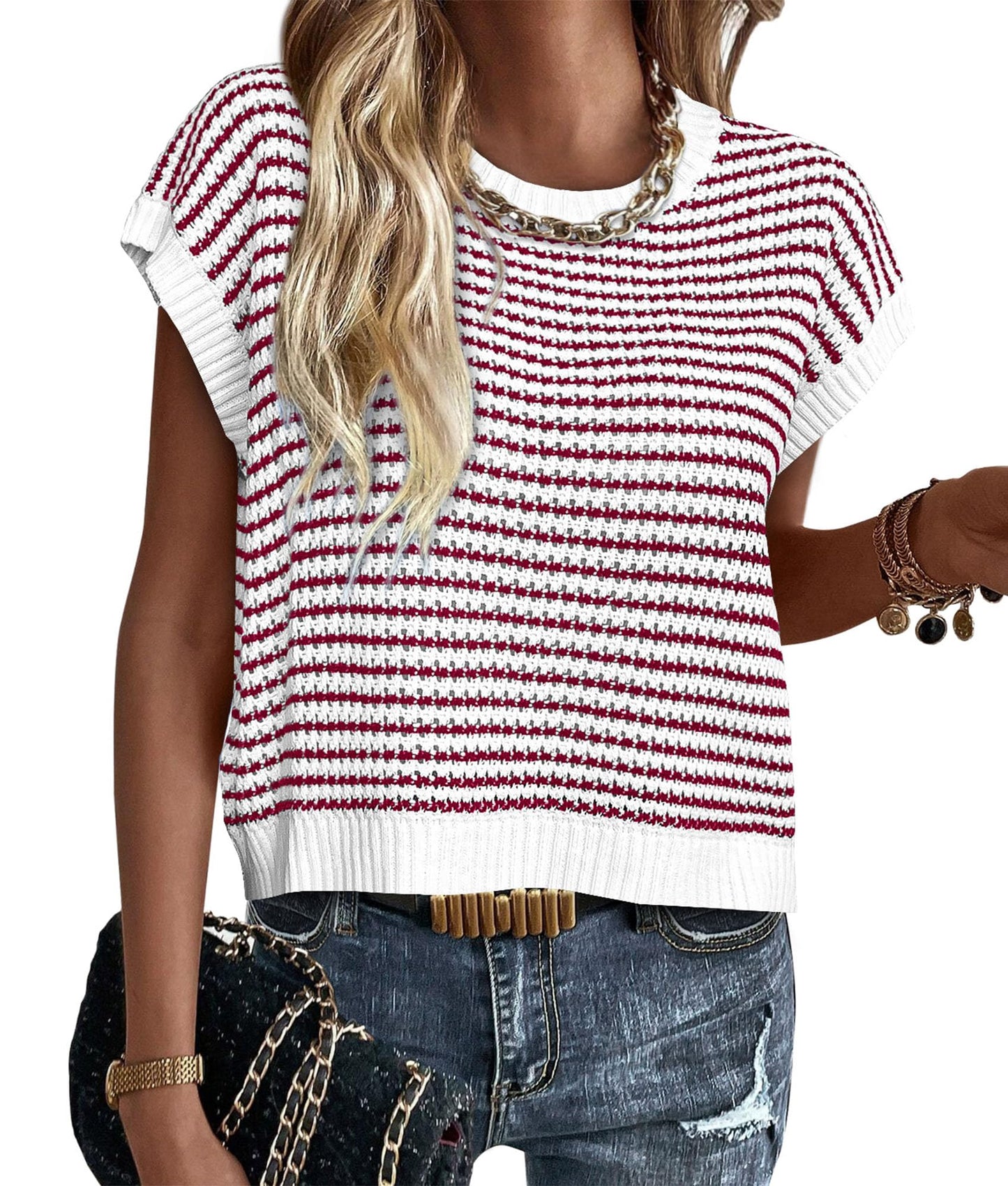 PRETTYGARDEN Womens Short Sleeve Sweater Spring Summer 2025 Round Neck Striped Pullover Cap Sleeve Knit Sweater Vest Tops