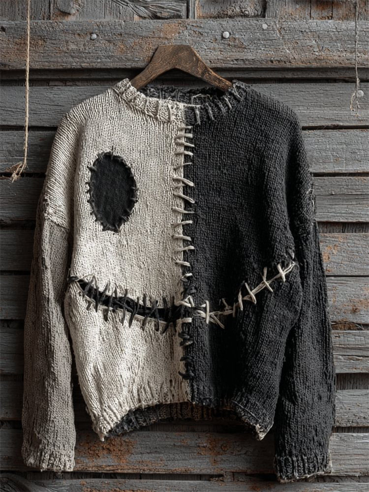 Halloween Spooky Face Contrast Stitched Cozy Knit Sweater