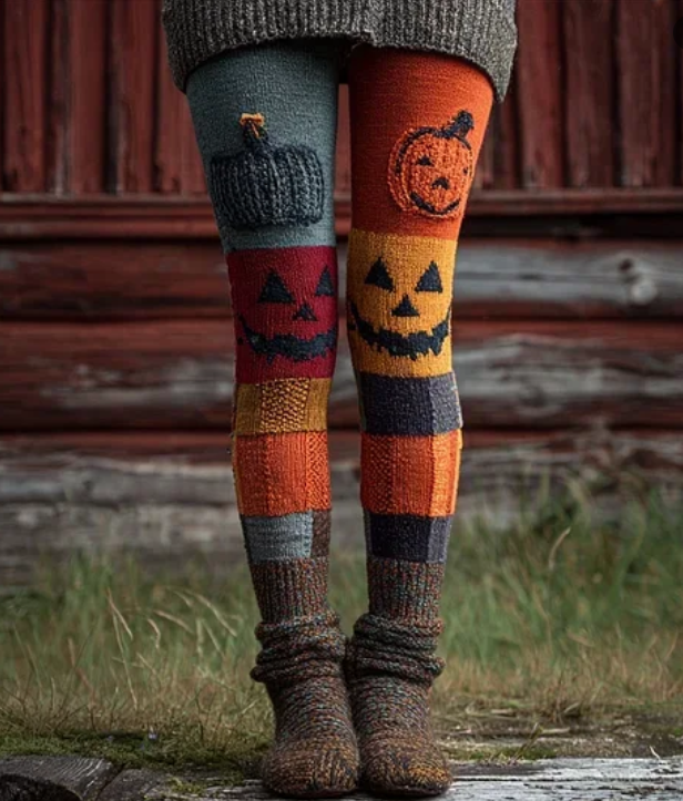 Halloween Pumpkin Spooky Face Patchwork Cozy Leggings
