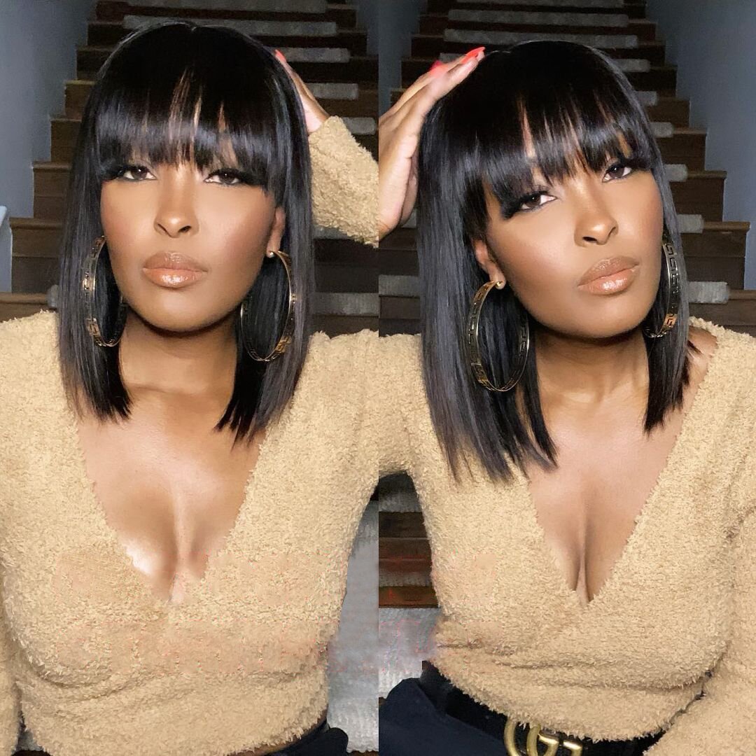 Short Bob Wig With Bangs Straight Brazilian Hair Wigs