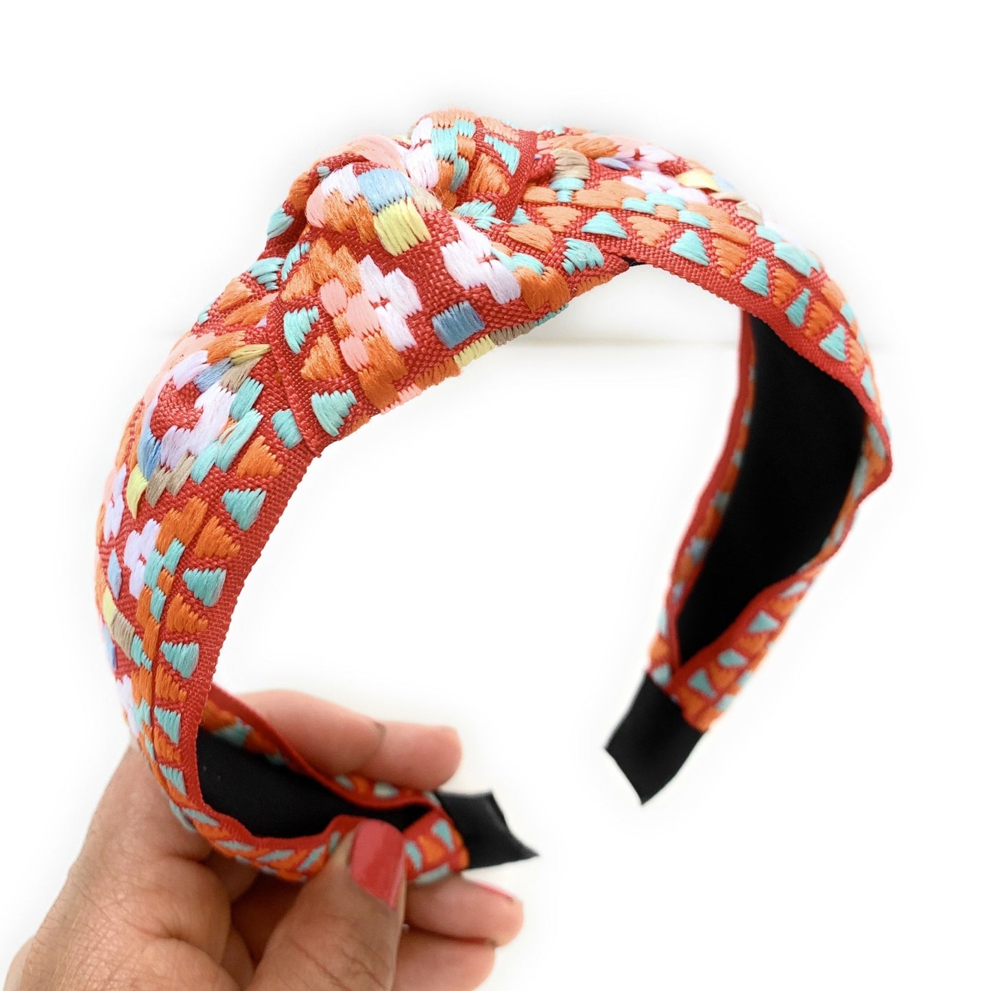 Embroidered Top Knot Headband (Orange)