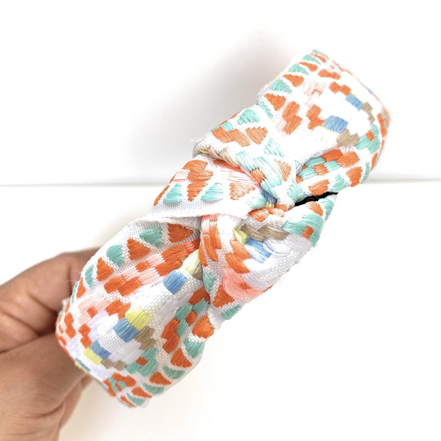 Embroidered Top Knot Headband (White)