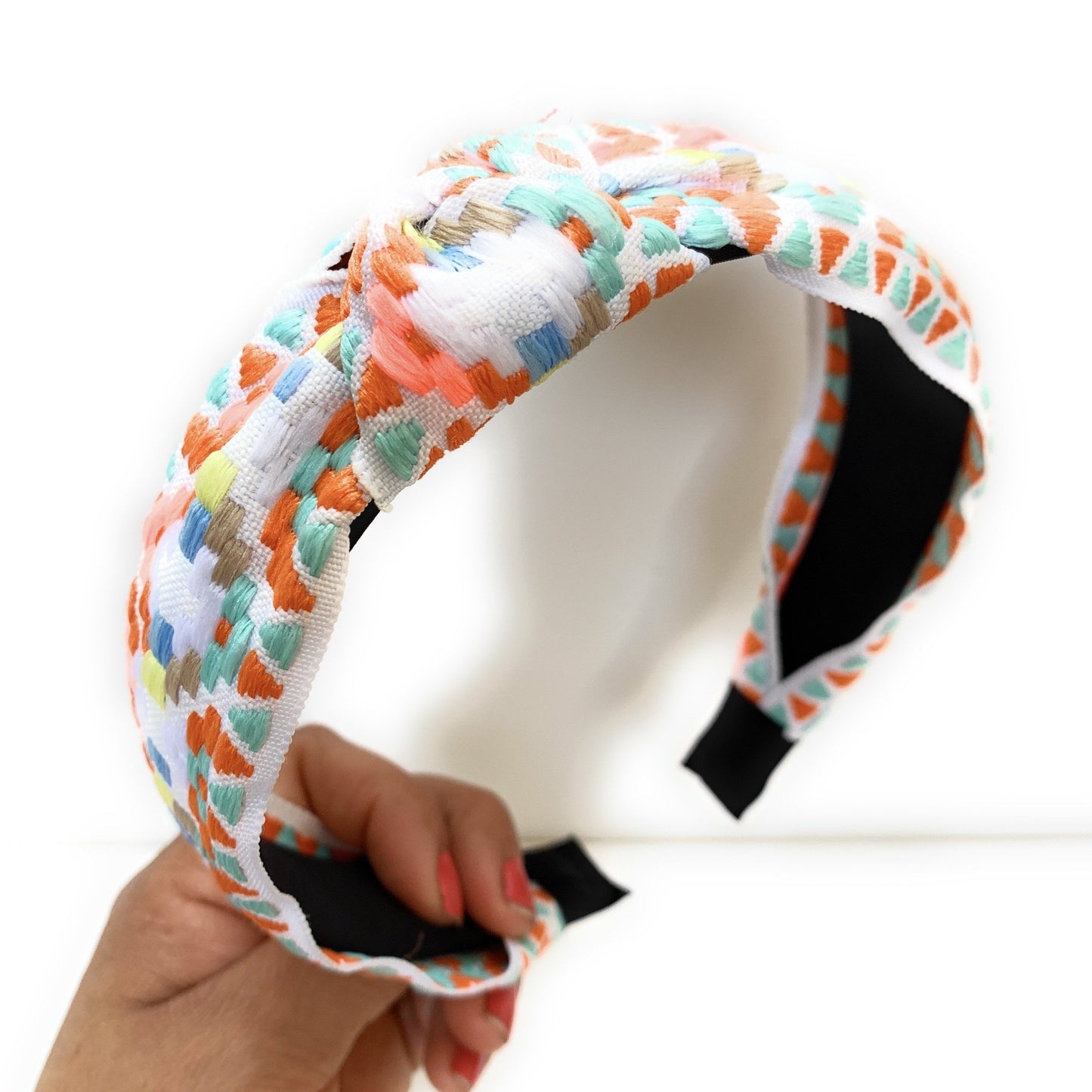 Embroidered Top Knot Headband (White)