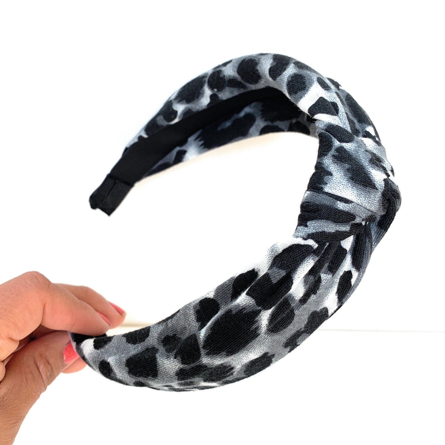 Gray Leopard Top Knot Headband