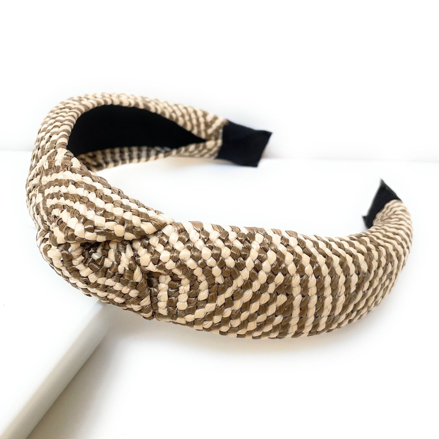 Beige-Black Top Knot Woven Headband