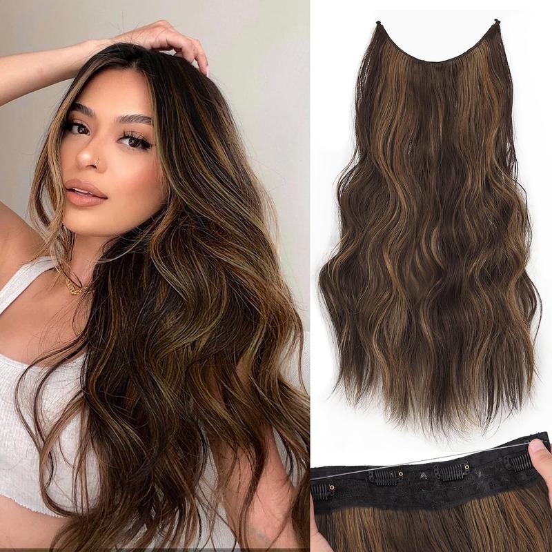 BlackFriday Invisible Wire Synthetic Hair Extensions 16/20/24 Inch Clip-On Long Wavy Hairpiece for Women Black Secure 4 Clips Back to School Fashion