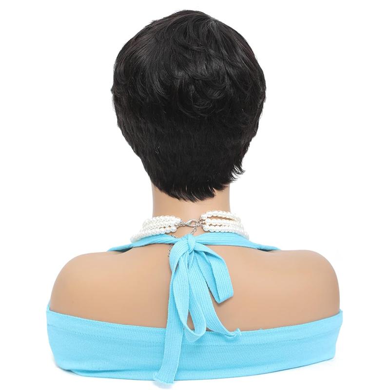 Ultra Comfort Throw On & Go Short Pixie Cut with Bangs 5 Inches Skin Friendly Cotton Cap 100% Real Human Hair Glueless Wig Glueless Wig Hair Loss Friendly Full Machine Made 22.5 Wig Cap  Brazilian Virgin Human Hair To Go Glueless Wig