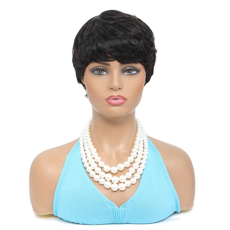 Ultra Comfort Throw On & Go Short Pixie Cut with Bangs 5 Inches Skin Friendly Cotton Cap 100% Real Human Hair Glueless Wig Glueless Wig Hair Loss Friendly Full Machine Made 22.5 Wig Cap  Brazilian Virgin Human Hair To Go Glueless Wig