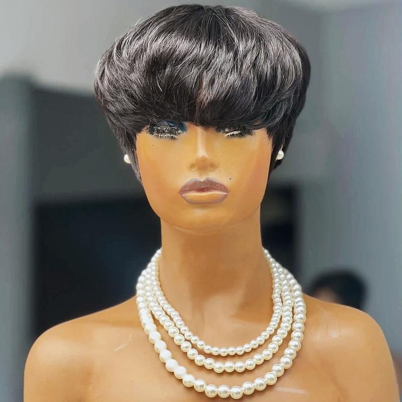 NewBestSales Wig Bowl Cut Hairstyle Bowl Cut Wigs Fringe Pixie Cut Wig Mushroom Pixie Cut Wig for Women Short Wavy Wigs Brazilian Virgin Human Hair Short Fluffy Pixie Wigs Pixie Cut Layered Wig Natural Black 180% Density