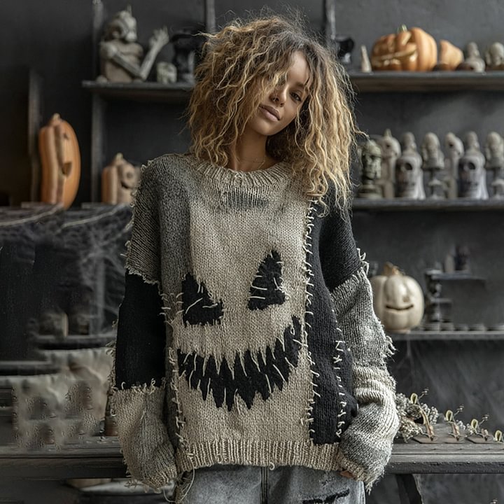 Halloween Spooky Face Contrast Stitched Cozy Knit Sweater