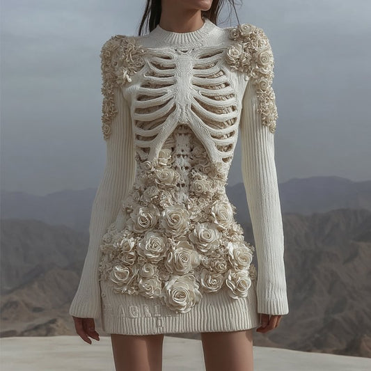 Women's White Rose Skull Crochet Cozy Knit Mini Sweater Dress