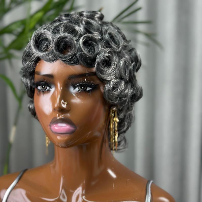 ShowReal 025 Short Pixie Cut Egg Wavy Curly Bomb Black Colorful Mommy Wig Pin Curls Brizalian Virgin Human Hair Cute Style Wigs For Black Woman Daily Party Use