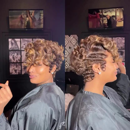 Full Lace Honey Blonde Highlighted/Black Pin Curly Finger Wave Short Glueless Wig