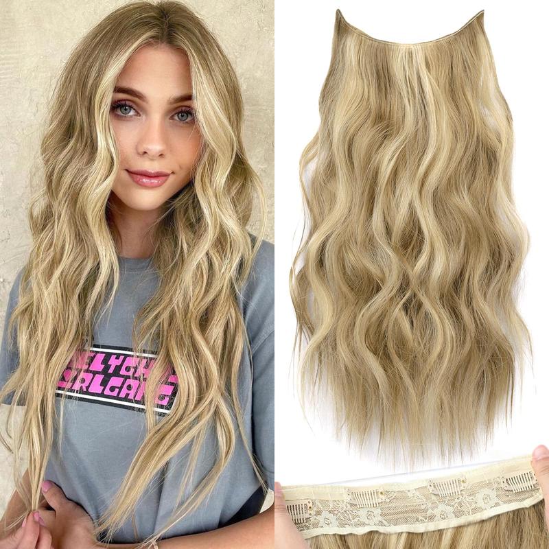 BlackFriday Invisible Wire Synthetic Hair Extensions 16/20/24 Inch Clip-On Long Wavy Hairpiece for Women Black Secure 4 Clips Back to School Fashion