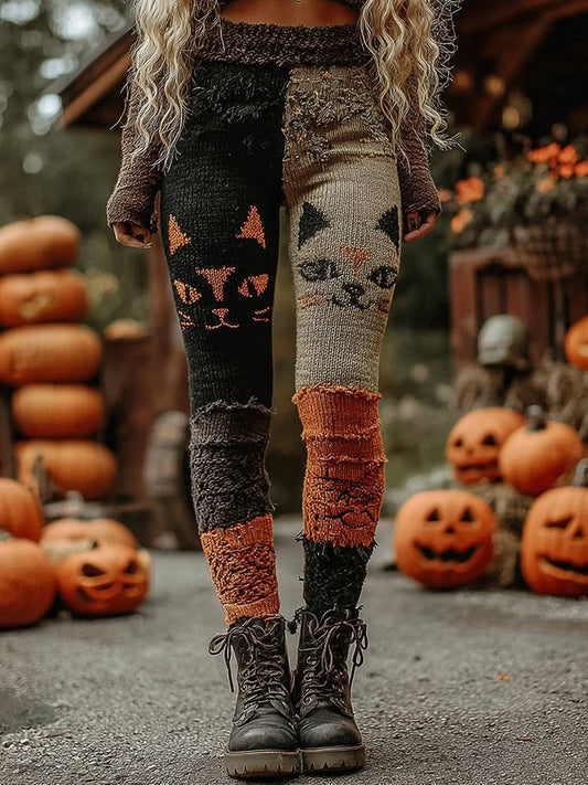Vintage Patchwork Halloween Pumpkin Face Art Cozy Leggings