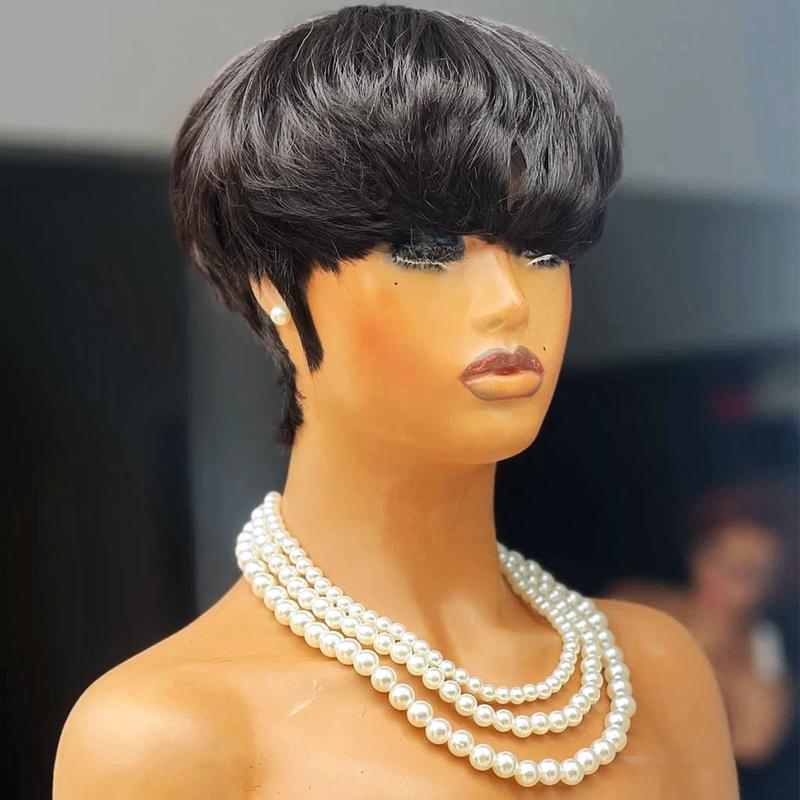 NewBestSales Wig Bowl Cut Hairstyle Bowl Cut Wigs Fringe Pixie Cut Wig Mushroom Pixie Cut Wig for Women Short Wavy Wigs Brazilian Virgin Human Hair Short Fluffy Pixie Wigs Pixie Cut Layered Wig Natural Black 180% Density