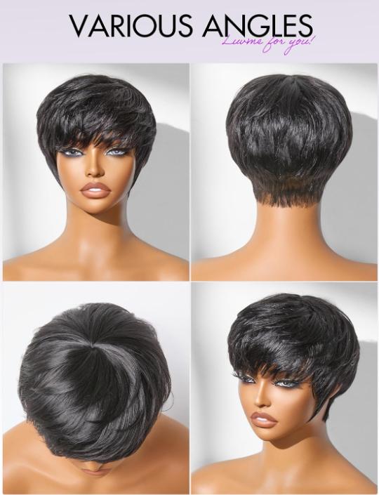 Ultra Comfort Throw On & Go Short Pixie Cut with Bangs 5 Inches Skin Friendly Cotton Cap 100% Real Human Hair Glueless Wig Glueless Wig Hair Loss Friendly Full Machine Made 22.5 Wig Cap  Brazilian Virgin Human Hair To Go Glueless Wig