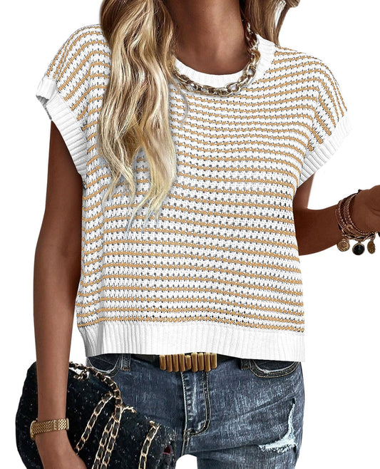 PRETTYGARDEN Womens Short Sleeve Sweater Spring Summer 2025 Round Neck Striped Pullover Cap Sleeve Knit Sweater Vest Tops