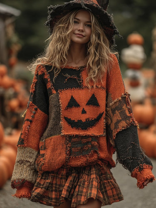 Vintage Patchwork Halloween Pumpkin Face Art Cozy Knit Sweater