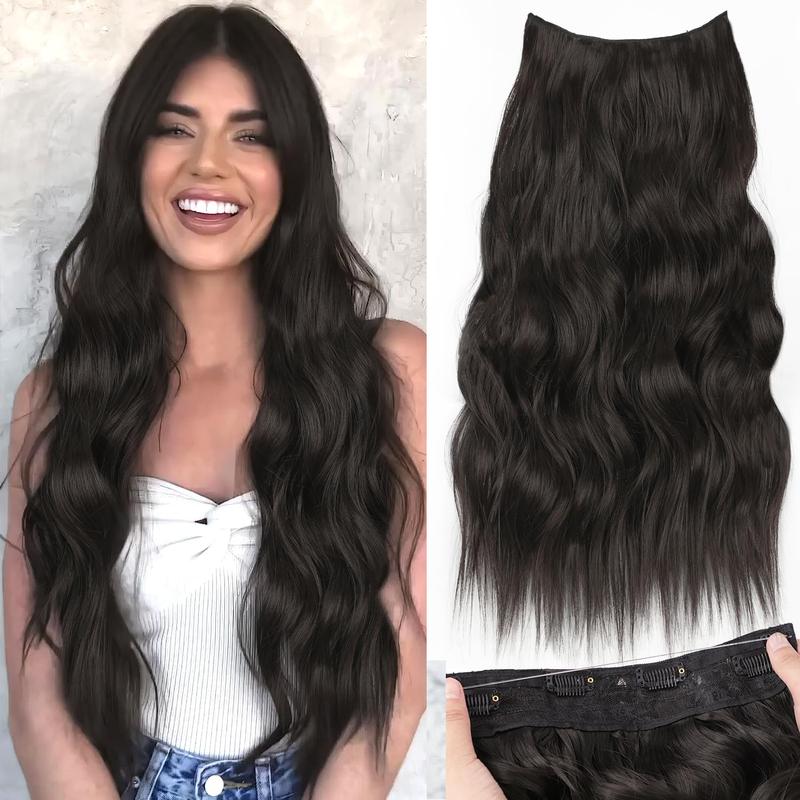 BlackFriday Invisible Wire Synthetic Hair Extensions 16/20/24 Inch Clip-On Long Wavy Hairpiece for Women Black Secure 4 Clips Back to School Fashion