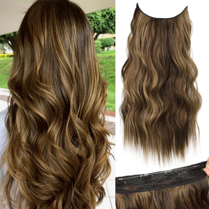 BlackFriday Invisible Wire Synthetic Hair Extensions 16/20/24 Inch Clip-On Long Wavy Hairpiece for Women Black Secure 4 Clips Back to School Fashion