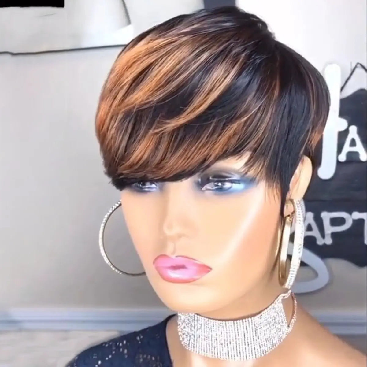 Short Pixie Cut Wig Virgin Human Hair Black & Highlight Colorful Wig with Bangs Full Machine Ready To Go Glueless Wig for Black Women