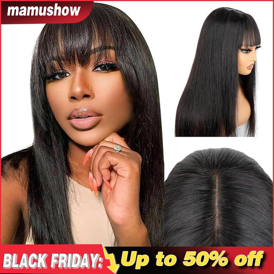 [New In]Straight Wigs with Bangs Human Hair 2x4 Lace Wig with Drawstring 180% Density Middle Part for Black Women Glueless Machine Made Wigs