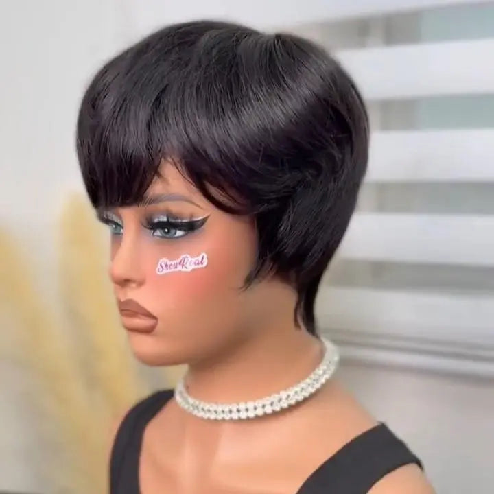 Short Pixie Cut Wig Virgin Human Hair Black & Highlight Colorful Wig with Bangs Full Machine Ready To Go Glueless Wig for Black Women