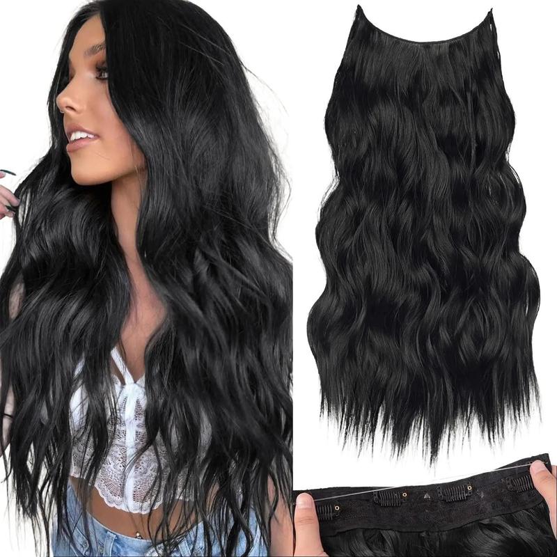 BlackFriday Invisible Wire Synthetic Hair Extensions 16/20/24 Inch Clip-On Long Wavy Hairpiece for Women Black Secure 4 Clips Back to School Fashion