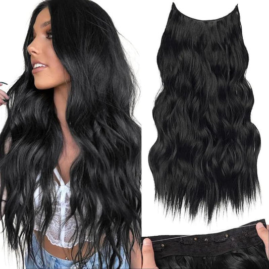 BlackFriday Invisible Wire Synthetic Hair Extensions 16/20/24 Inch Clip-On Long Wavy Hairpiece for Women Black Secure 4 Clips Back to School Fashion