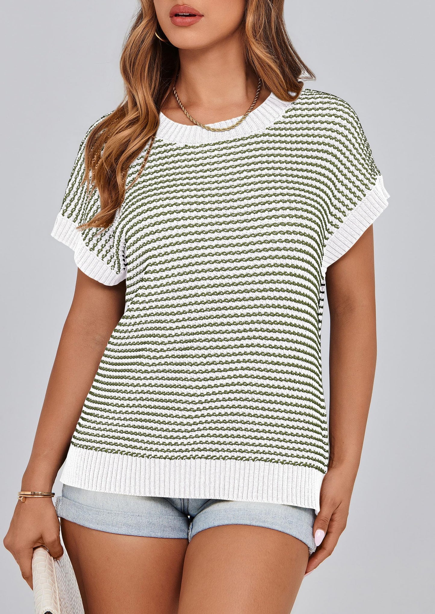 PRETTYGARDEN Womens Short Sleeve Sweater Spring Summer 2025 Round Neck Striped Pullover Cap Sleeve Knit Sweater Vest Tops