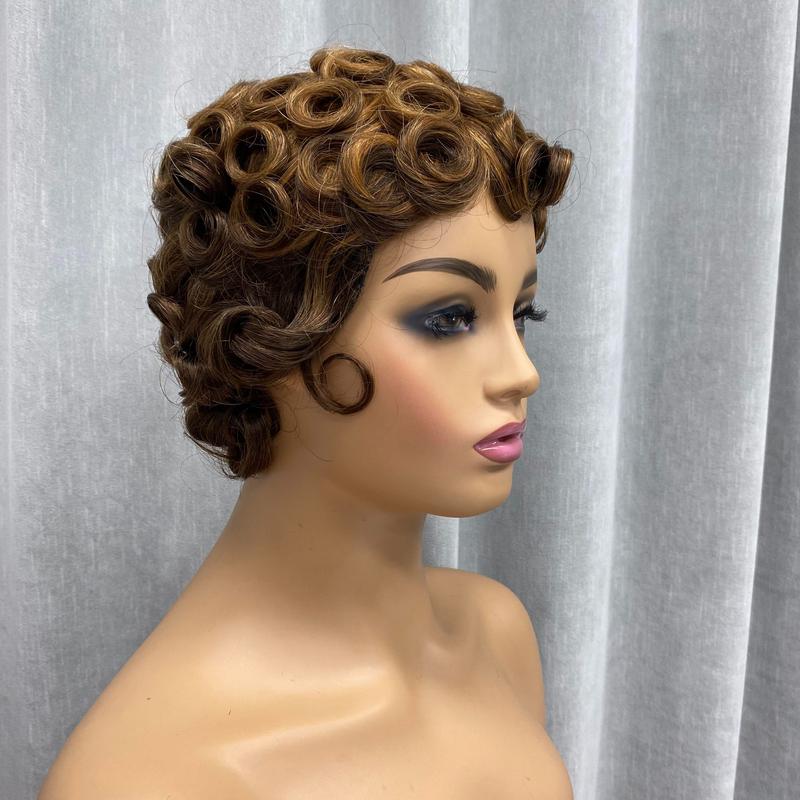 ShowReal 025 Short Pixie Cut Egg Wavy Curly Bomb Black Colorful Mommy Wig Pin Curls Brizalian Virgin Human Hair Cute Style Wigs For Black Woman Daily Party Use