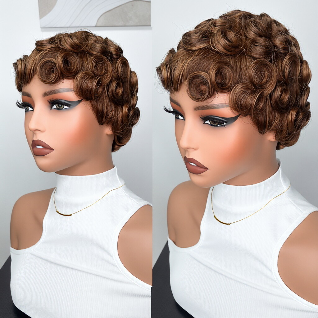 Chioma Pixie Cut Glueless Wigs Pin Curl Short Bomb Curly Wig for Black Women Brazilian Virgin Human Hair Short Pixie Cut Wigs Natural Looking Wigs SpringStatements SummerVibes