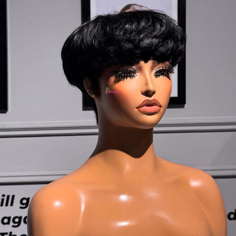 NewBestSales Wig Bowl Cut Hairstyle Bowl Cut Wigs Fringe Pixie Cut Wig Mushroom Pixie Cut Wig for Women Short Wavy Wigs Brazilian Virgin Human Hair Short Fluffy Pixie Wigs Pixie Cut Layered Wig Natural Black 180% Density