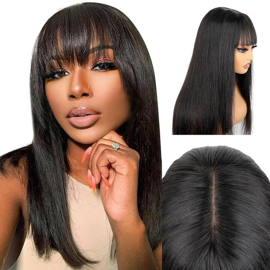 [New In]Straight Wigs with Bangs Human Hair 2x4 Lace Wig with Drawstring 180% Density Middle Part for Black Women Glueless Machine Made Wigs