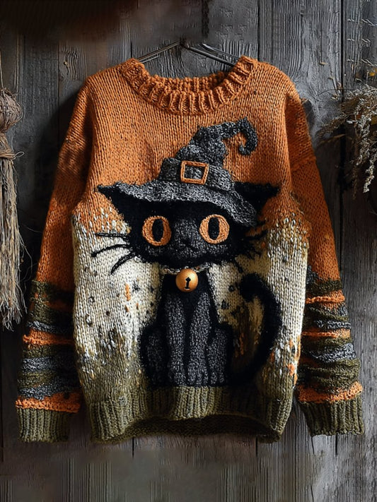 Halloween Cute Witch Cats Art Cozy Knit Sweater