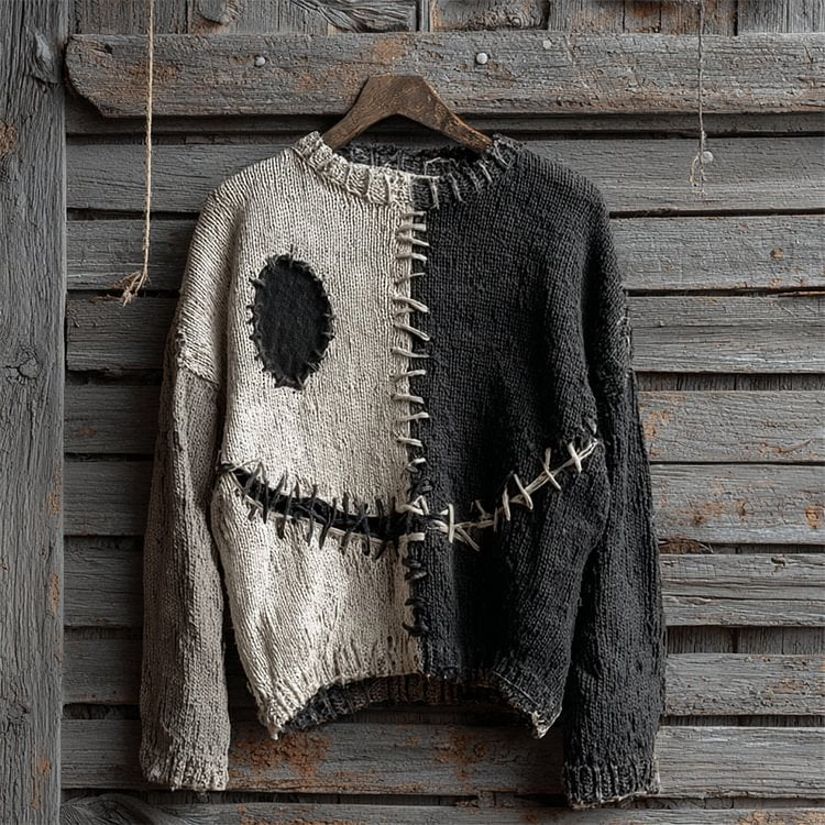 Halloween Spooky Face Contrast Stitched Cozy Knit Sweater