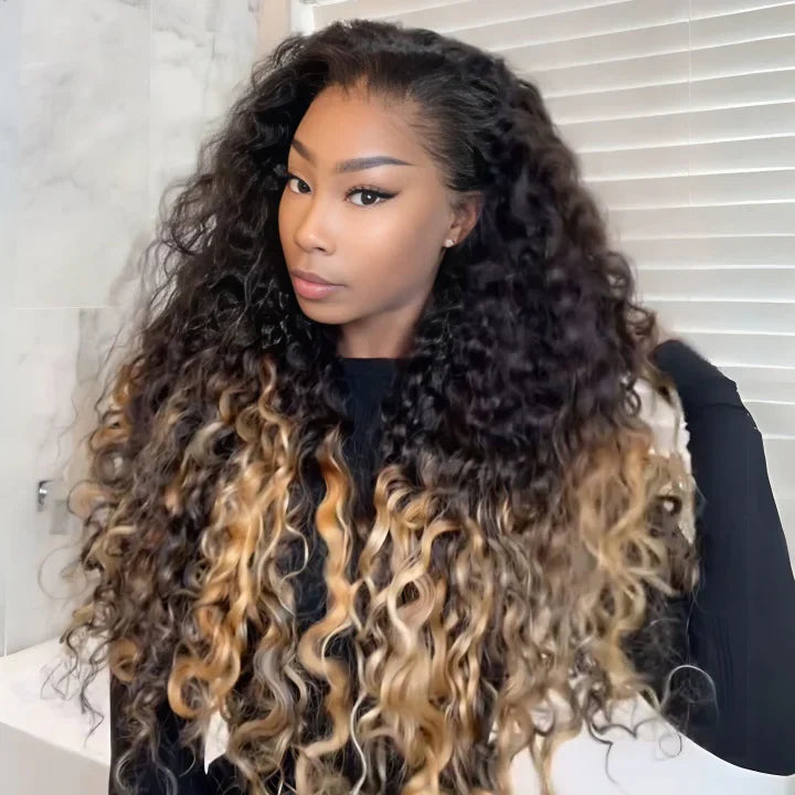 Two Tone Ombre Honey Blonde Glueless Curly Clear Transparent Lace Front Colored Wigs 100% Human Hair Wigs